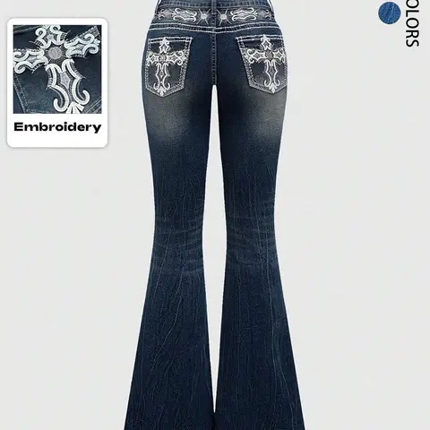 【Black Friday】Women's Grunge Punk Y2K Retro Stretch Jeans, Casual Fitted Flared-Leg Design with Cross-Embroidered Pockets