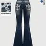 【Black Friday】Women's Grunge Punk Y2K Retro Stretch Jeans, Casual Fitted Flared-Leg Design with Cross-Embroidered Pockets