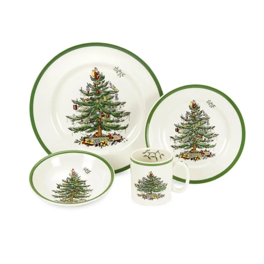 Spode Classic Christmas Tree 4-Piece Dinnerware Set - Fine Earthenware Festive Style Tree Motif Set with Reusable Plates, Soup Bowls, Mugs, Chip Resistant, Dishwasher & Microwave Safe, Soup Bowl, Four Pieces