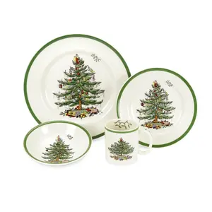 Spode Christmas Tree 4-Piece Dinnerware Setting - Fine Earthenware Holiday Tableware - Dishwasher & Microwave Safe, Christmas Plates, Bowls, Mug
