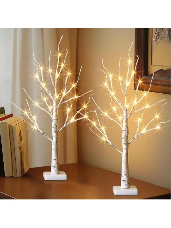 Illuminated Birch Tree Centerpiece with Twinkling Warm White Lights - 3 Ready-Lit Trees on Rectangular Base for Indoor Decor