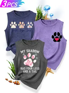 3Pcs Women's Crew Neck Tank Tops, Cat Paw & Mickey Hand Series Print, Multiple Colors Available, Machine Washable, Spring & Summer Tops, Soft Skin-Friendly Fabric, Daily Versatile, Casual, Fashion Design