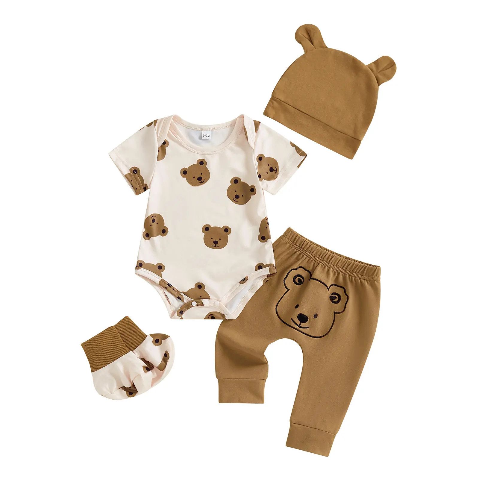 Newborn Baby Boy Come Home Clothes Bear Print Short Sleeve Romper Long Pants Hat Shoes Set 4pcs Infant Boy Summer Outfits