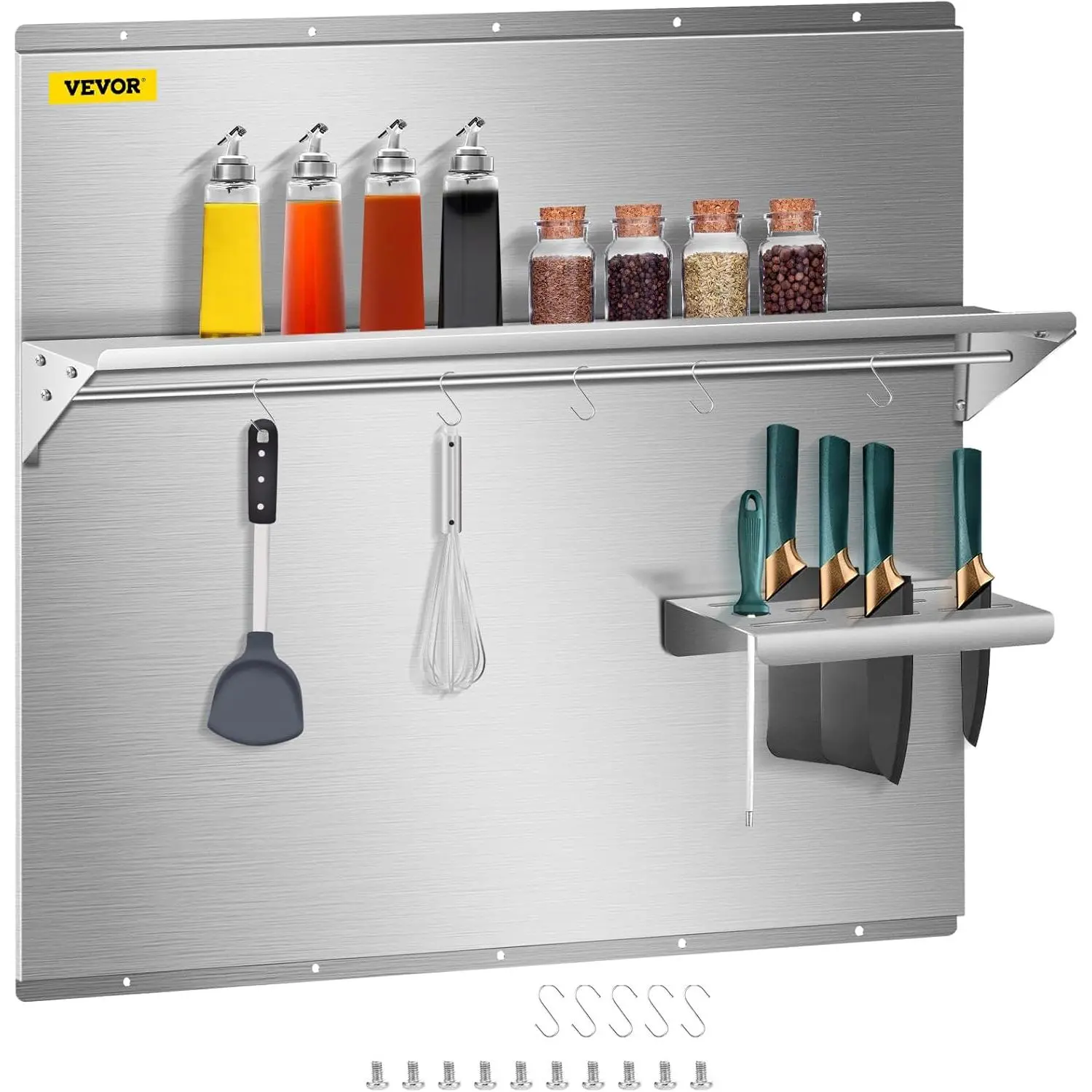 VEVOR Range Backsplash with Shelf 30 x 30.7 Inch Range Hood Wall Shield, Stainless Steel Backsplash Silver Splash Plate for Range Hood Stainless Backsplash with Built-in Storage Shelf and Hanging Rack
