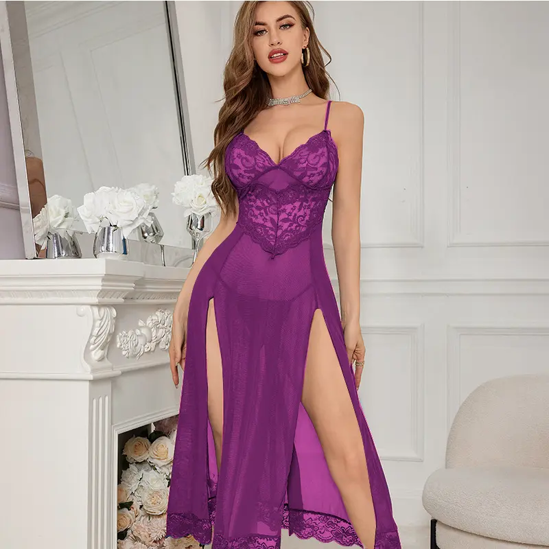 Women's Long Lace Bodysuit - Spaghetti Straps, Adjustable, Sexy Mesh Lingerie, Anniversary Loungewear Chemise Nighty