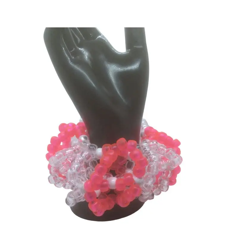 3d Kandi Cuff Hot Pink Clear and Clear Pony Beads- Handmade Beaded Bracelet- Stretchy String Rave Bracelet