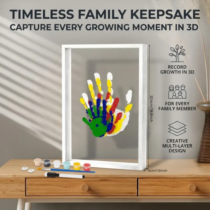 Family Handprint Memory Photo Frame, Transparent Floating Wooden Frame, DIY Handmade Souvenir Decoration, Suitable for Home Desktop and Wall Display, Durable Sturdy Frame, Wooden Picture Frames
