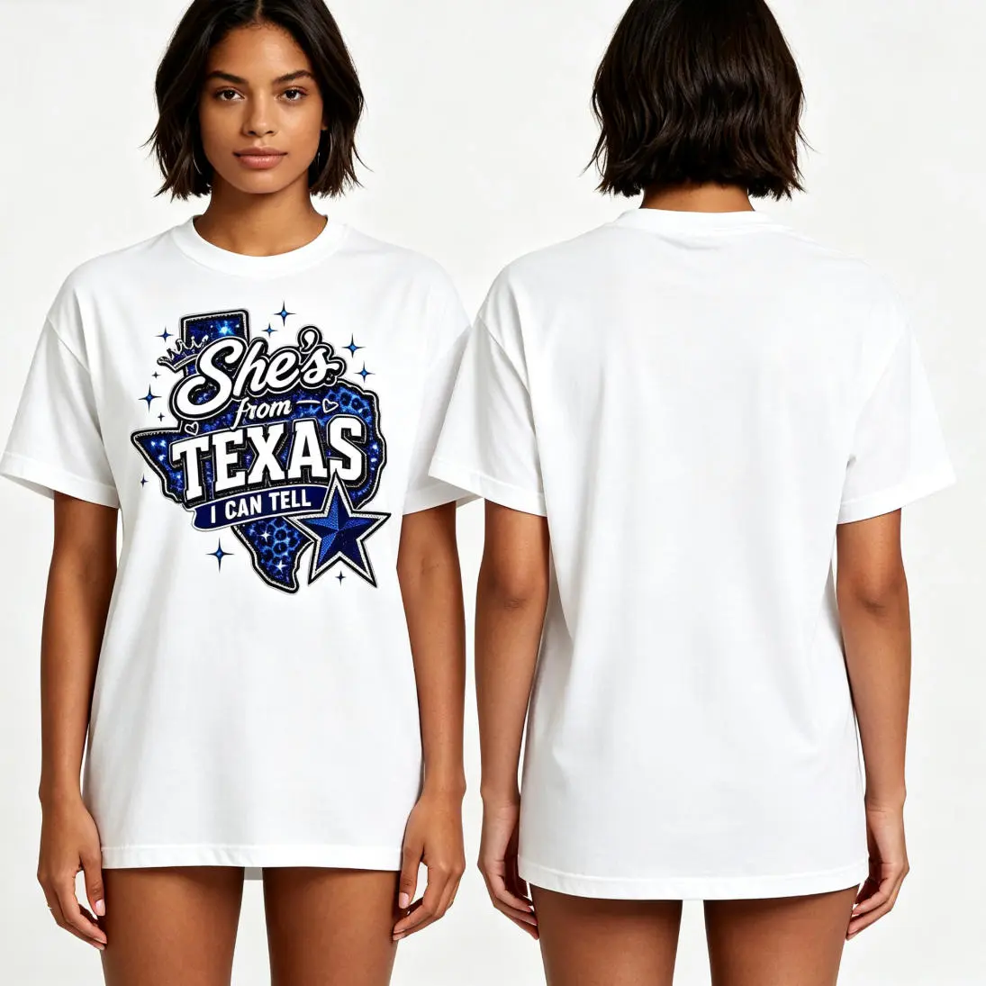 Graphic Print, Women's T-Shirt, She's From Texas I Can Tell Text And Star Pattern, Casual Daily Wear, For Texas Ladies, 4Th Of July, USA