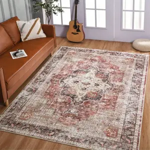 Vintage Floral Area Rug Machine Washable Non-Slip - Low Pile Faux Wool Carpet for Living Room Bedroom Office, Terracotta Orange-S