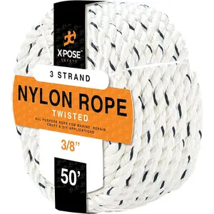 Nylon Poly Rope - Polyester & Nylon - Up to 10x Stronger Compared Natural Fiber or Polypropylene Rope - 3 Strand Braided - Low Stretch Indoor/Outdoor Cord Line (White - Pack of 1, 3/8" 50 Ft)