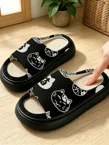 Japanese Style Fortune Cat Slippers, Waffle Hemp Breathable, Simple Design Thick Sole, Comfortable Home Footwear