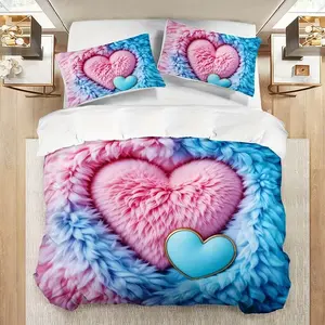 3pcs Blue Feather Heart Quilt Set (1 Quilt + 2 Pillowcases No Pillows), High Definition Print, Soft Comfortable Couple Style