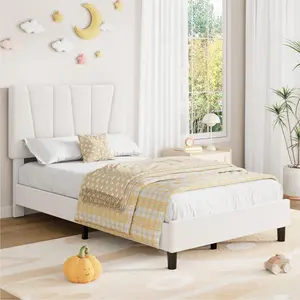 YJ-Garvee - Twin Size Bed Frame with Adjustable Headboard, Linen Upholstered Bed Frame with Double Platform and Strong Wooden Slats, Mattress Base, No Box Spring Needed, Easy