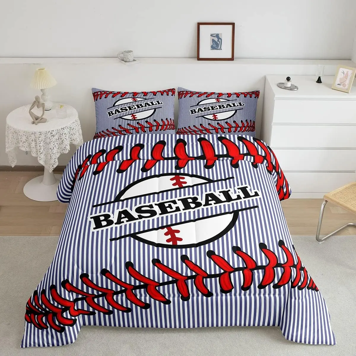 3D Baseball Pattern Striped Luxury Bed Comforter Set - Duvet Quilt, Breathable Blue Red Linens, Bedroom Bedding Set, Gaming Sports Designer Decorative Bedsheet, Bed Comforter Sets