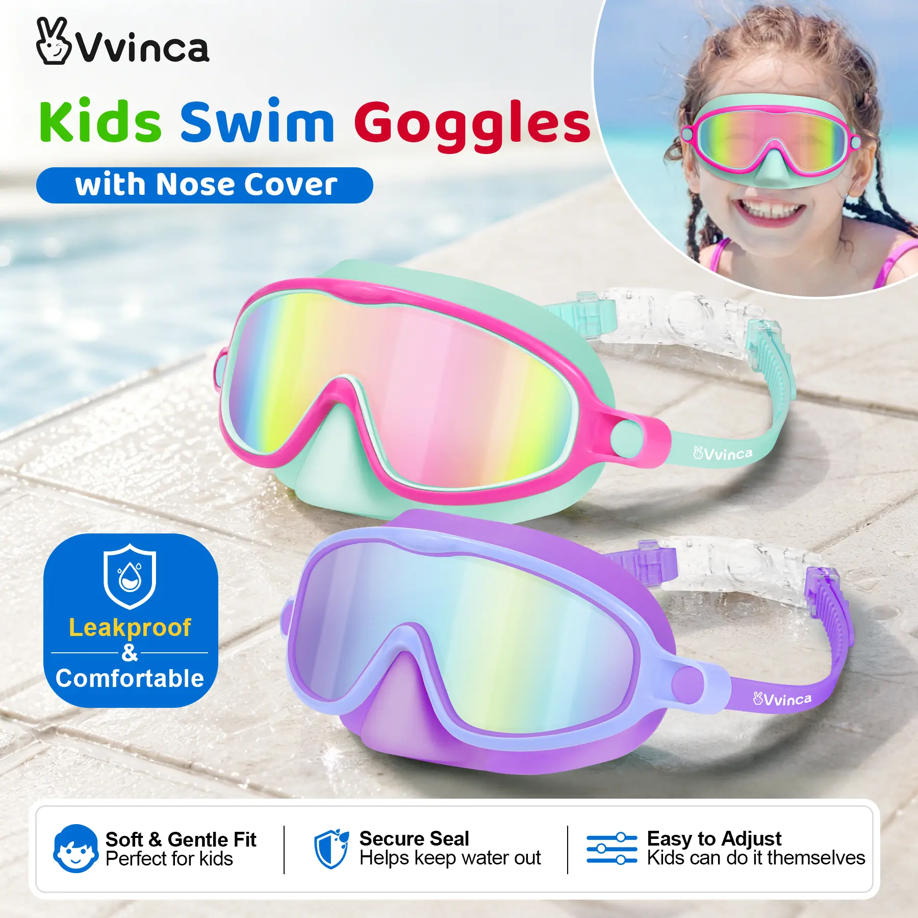 Vvinca Kids Swimming Goggles 2-Pack with Adjustable Nose Cover, UV Shield, Anti-Fog Wide View Anti-Shattered Lenses, Pool Accessories for 3-6/6-12+ Ages (Check Size Chart, Not Solely Age-Based), Swim Glasses, Polycarbonate, Us Patent, 05-Black Blue& Black