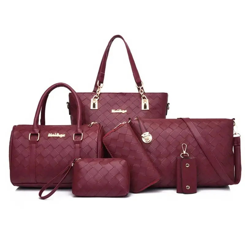Women's 6-Piece Quilted Faux Leather Handbag Set - Top Handle Tote, Crossbody Bag, Clutch, and Matching Wallet Collection, Casual, Zipper, Fashion Accessory, Plain, Functional, 6-Piece Set, Adjustable Strap, Everyday, Boston Satchel Bag, Coin Holder/Purse
