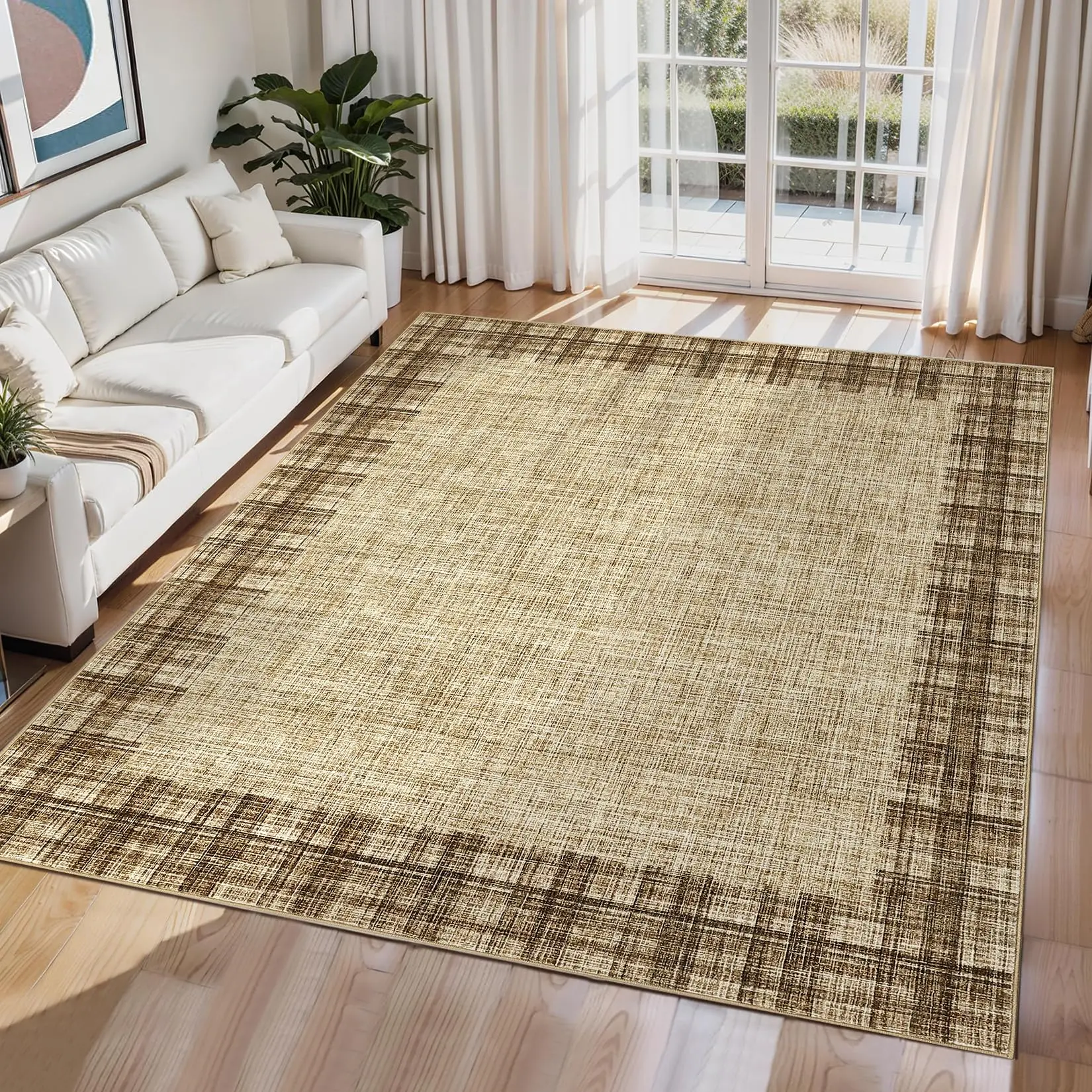 Garvee Modern Plaid Washable Area Rug 5x7 - Ultra-Thin, Soft, Non-Slip, Non-Shedding Carpet for Living Room and Bedroom, Stain-Resistant, Foldable Floor Cover with Jute Border, Ideal Home Decor