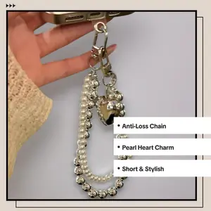 Stylish Anti-Loss Heart Phone Chain, Short Versatile Design, Simple Dual-Chain Pearl Heart Pendant + Card, Tk Platform Ready Stock, Cell Phone Charm, Phone Wrist Strap