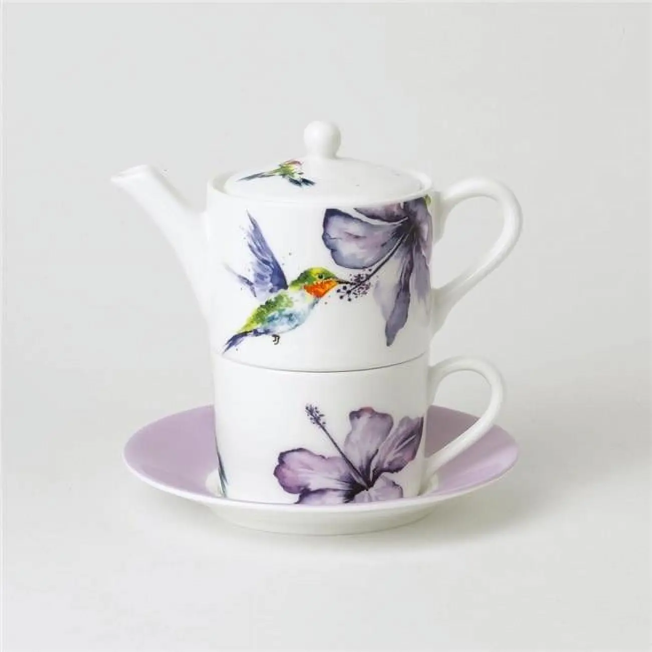 TEA FOR ONE Teapot with Tea Cup and Saucer - HUMMINGBIRD