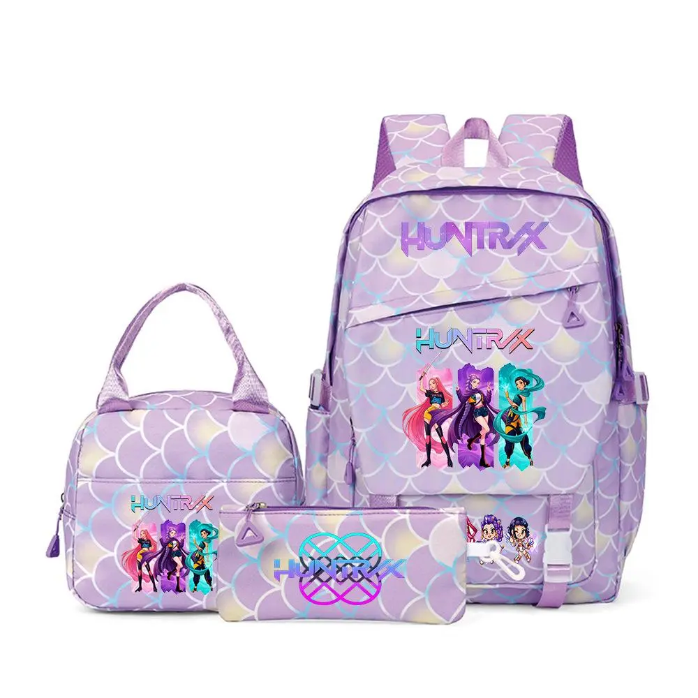 3‑Piece KPOP Cartoon Girls Backpack Set, Lavender Mermaid Scale Print School Backpack with Insulated Lunch Bag and Zipper Pencil Case, Casual Daypack for Teen Girls Women