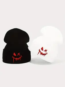 Couple Knit Beanie Hat with Smiling Face Embroidery, Fitted Winter Cuffed Hat for Men & Women, Casual Outdoor Halloween Gift