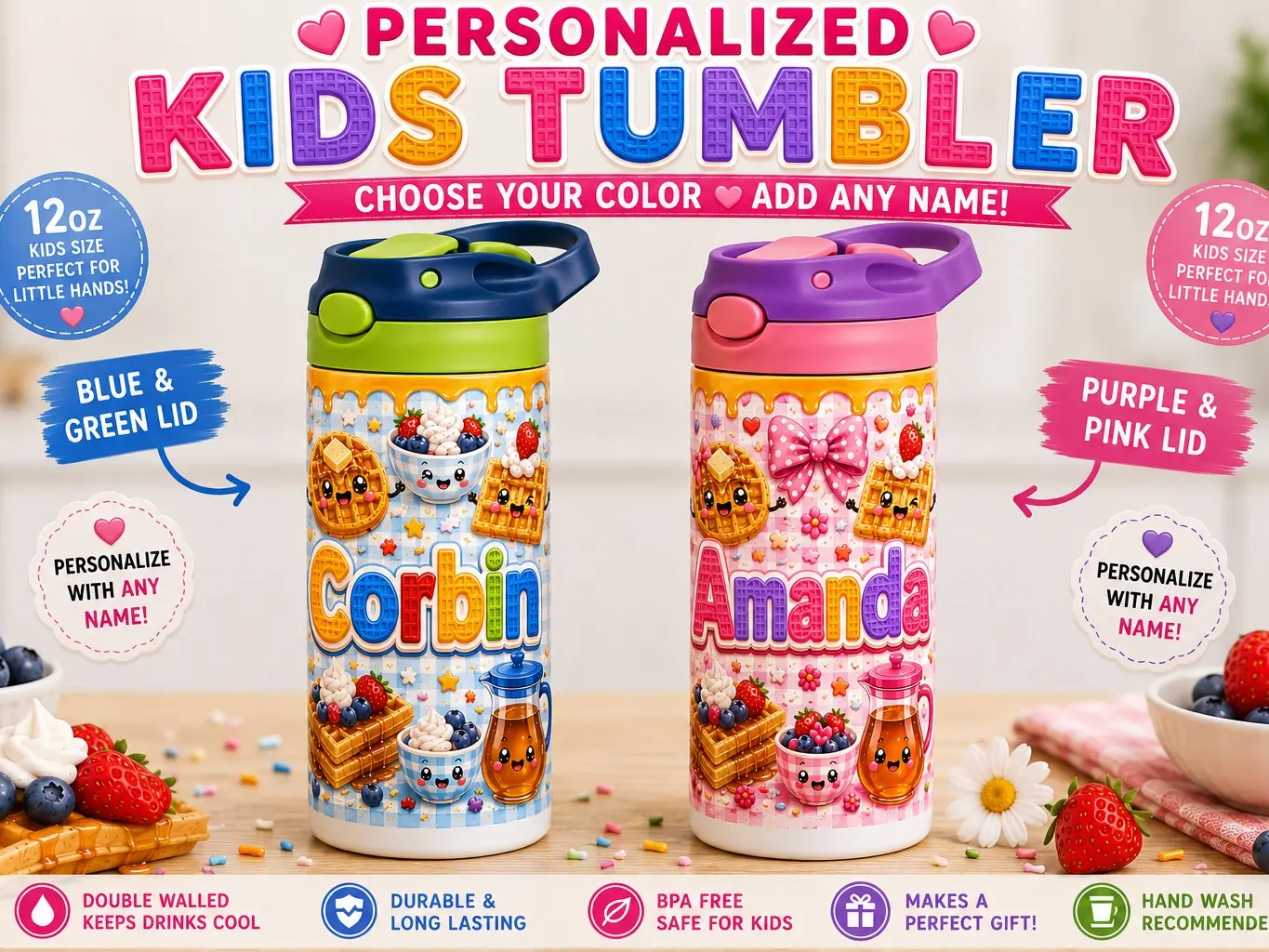 Personalized Kids Tumbler with Name | 12oz Waffle Kids Cup | Custom Name Gift life