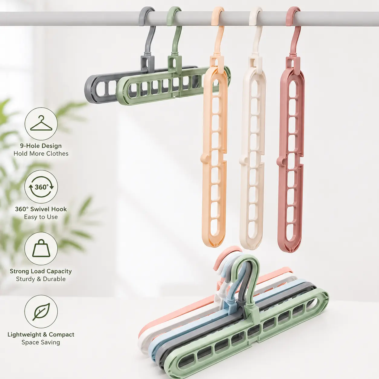 Plastic Clothes Hanger with Rotating Hook - 1 Count, 9-Hole Plastic Body, 360-Degree Rotatable Hook, Hanging Organiser for Closet Wardrobe Storage