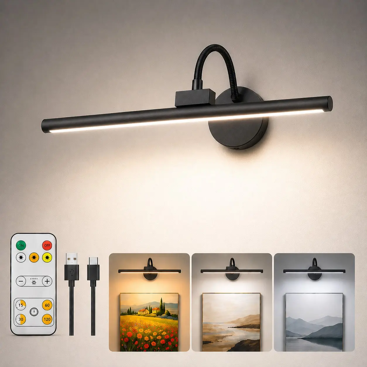 Wireless Metal LED Picture Light with Remote Control, 360° Adjustable Magnetic Wall Lamp, Rechargeable USB, 3 Color Dimmable Lighting, Home Decoration Lamp, Adjustable Lights