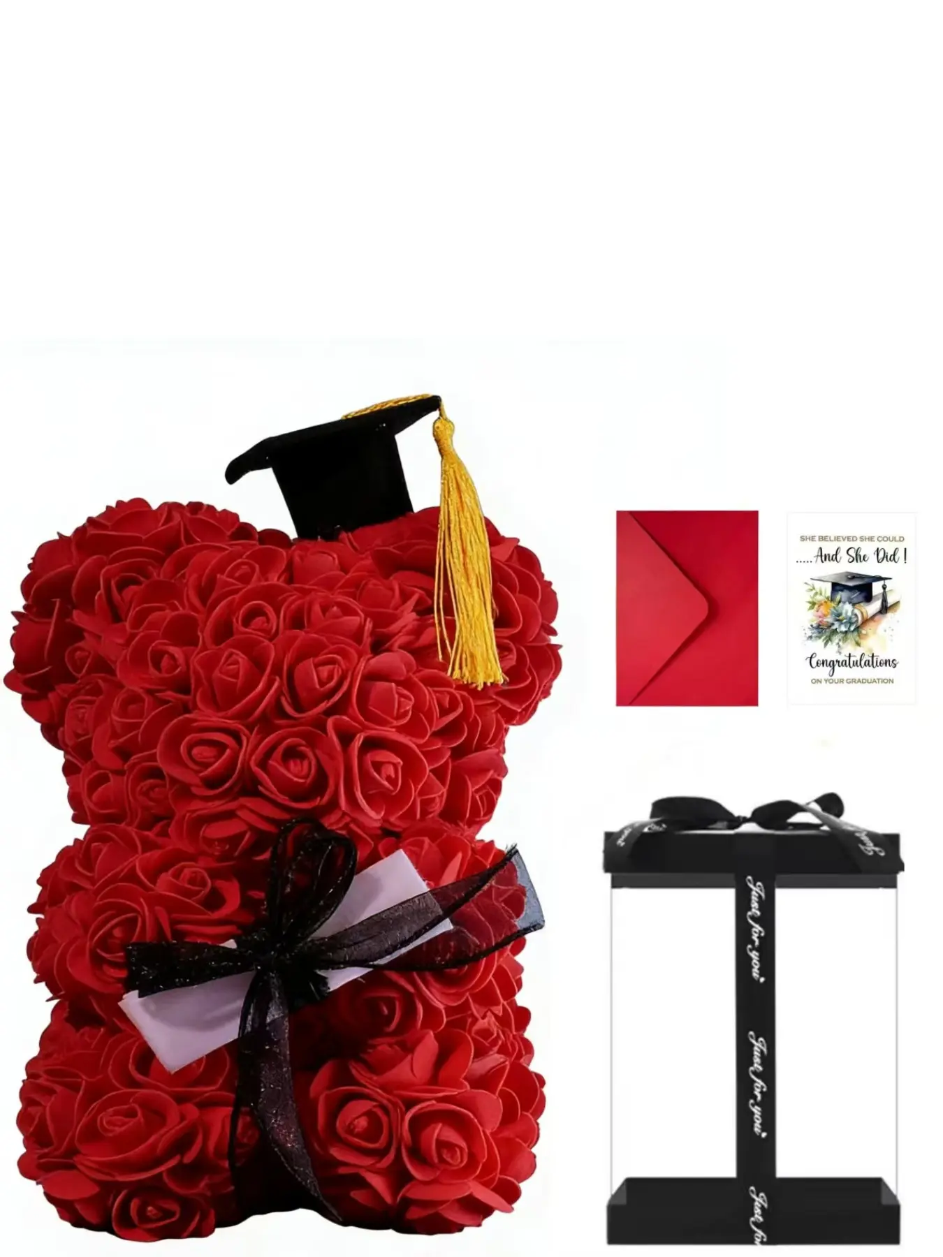 Graduation Season Teddy Bear with Artificial Flowers, Handmade Perpetual Rose Teddy Bear Gift, Perfect for Friends and Girlfriends