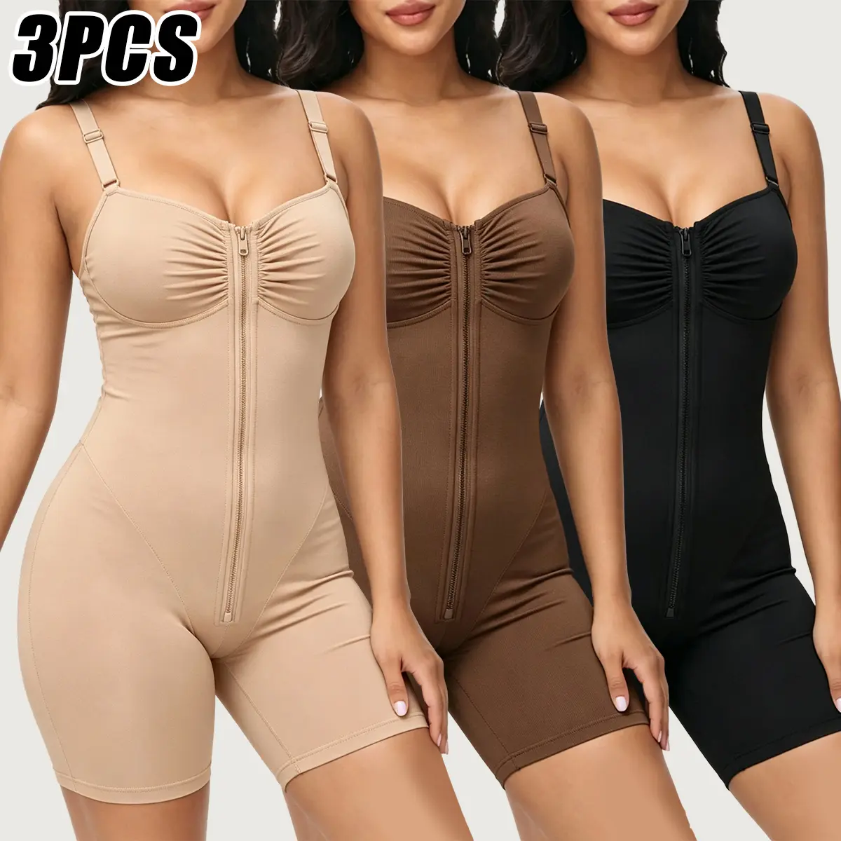 Women’s 3-pack compression one-piece bodysuits with a front zipper, deep V neckline, and square-cut design; adjustable shoulder straps; tummy control shaping; stretchy shapewear; suitable for everyday layering and formal/casual wear.