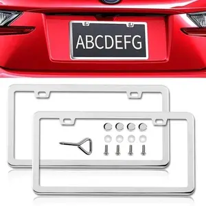 Silver 2pcs Stainless Steel License Plate Chrome Plated Rustproof Universal Holder weatherproof License Plate Frame