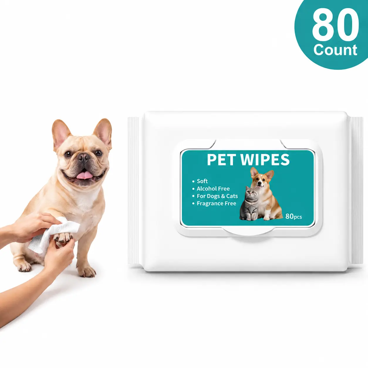 80 Count Pet Grooming Wipes for Dogs & Cats, Fragrance-Free Deodorizing Wipes, No-Rinse Bath Wipes for Paws, Fur, Body & Daily Care