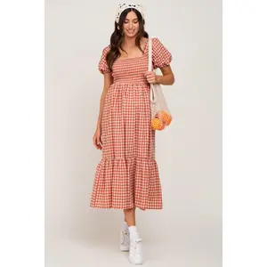Rust Gingham Smocked Maternity Midi Dress