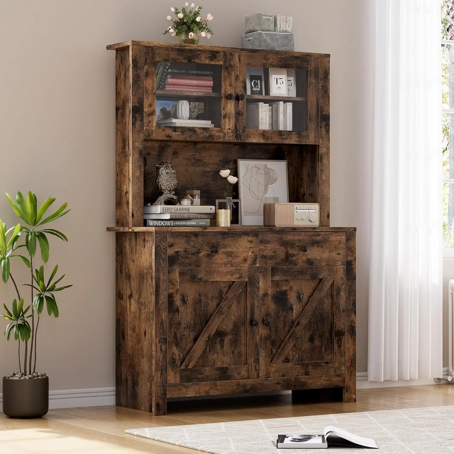 Tall Rectangular Modern Rustic Retro High-Density Board Kitchen Pantry Cabinet - Freestanding Single Unit with Microwave Stand, Coffee Bar, 4 Doors, Adjustable Shelves, Large Storage (Kitchen Inspo, Country Life Simplicity & Versatility)