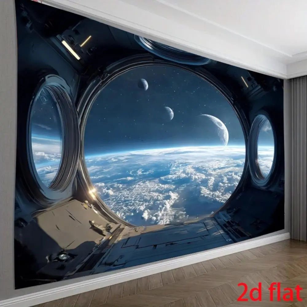 1PC Durable Decorative Polyester Tapestry - 2D Flat Aesthetic Spaceship Window Earth & Space Design, Reusable Home Wall Decoration, Sci-fi Event Backdrop Cloth