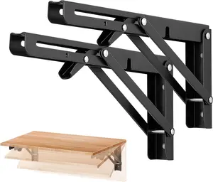 2-Pack 10-Inch Foldable Shelf Brackets - Matte Black Heavy-Duty Collapsible Brackets for Tables, Benches - Space-Saving Hardware Fasteners