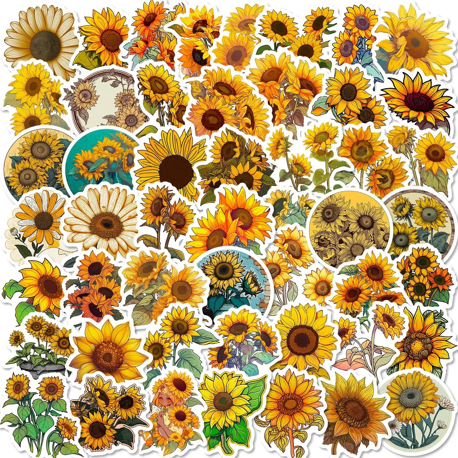 Cartoon Sunflower Series Sticker, 50pcs Waterproof Sticker, Decals for Wall Water Bottle Skateboard Helmet Car Bike Luggage Laptop, Decals for Vehicles, Car Decorative Sticker, Truck Decal, Car Decorations, Universal Car Sticker