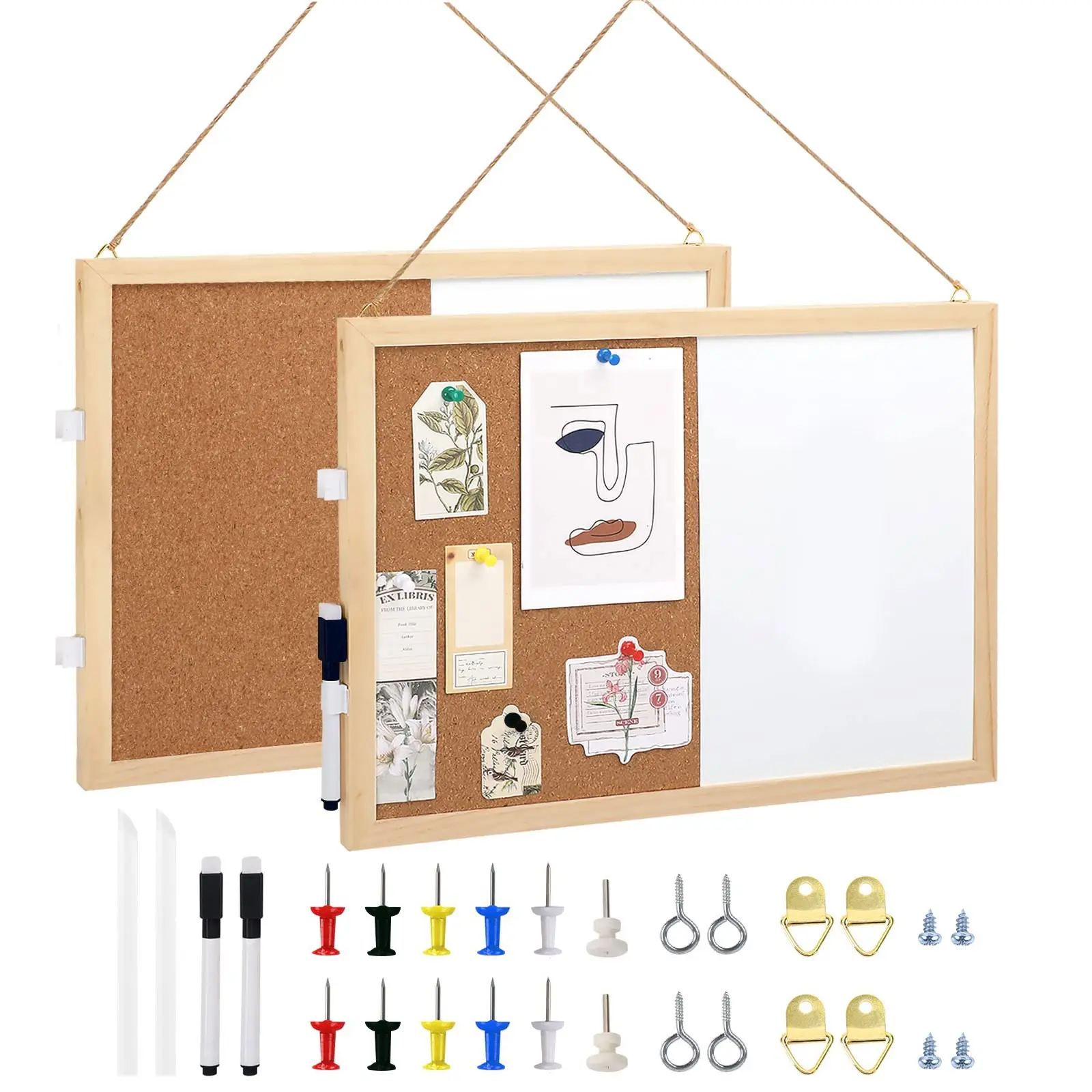 2-Pack 12x16 Inch Bulletin Board, Vision Board, Corkboard & Whiteboard Combo, Pure Corkboard, Natural Wood Frame, Pins, Hanging Rope, Office, School, Home Use, Decor, Push Pins