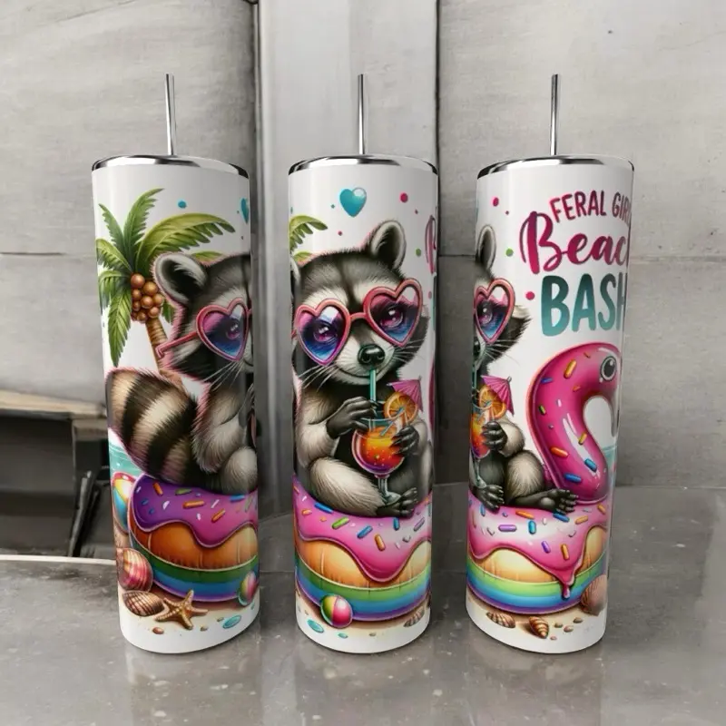 Feral Girl Beach Bash Tumbler with Adorable Raccoon Design and Donut Theme for Fun Beach Drinks