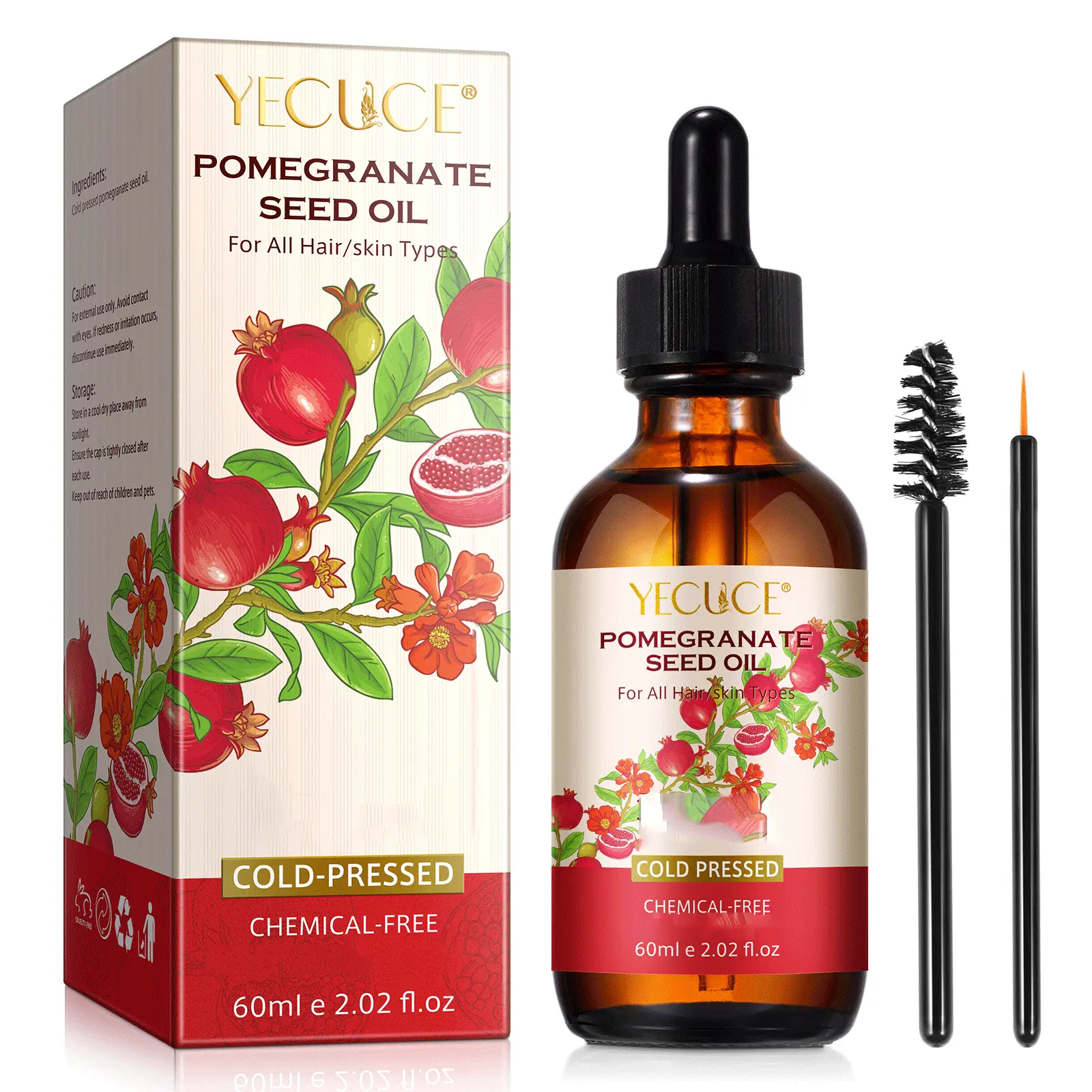 Yecuce Cold-Pressed Pomegranate Seed Oil - Chemical-Free, Alcohol-Free Hydrating Moisturizer for Face, Hair & Body, Targets Dryness, Suitable for Adults & All Skin Types, 60ml Liquid, 24-Month Shelf Life, Single Item
