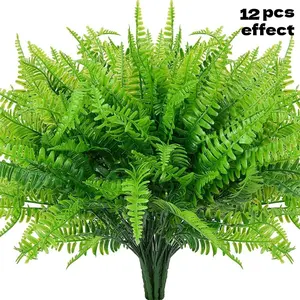 12 Bundles Artificial Plants Outdoor Faux Boston Fern Spring Decor, Decorative Fake Plant, Fake Plants UV Resistant Plastic Greenery Shrubs Artificial Fake Flowers for Outside Gardens Patio Yards Home Summer Decor