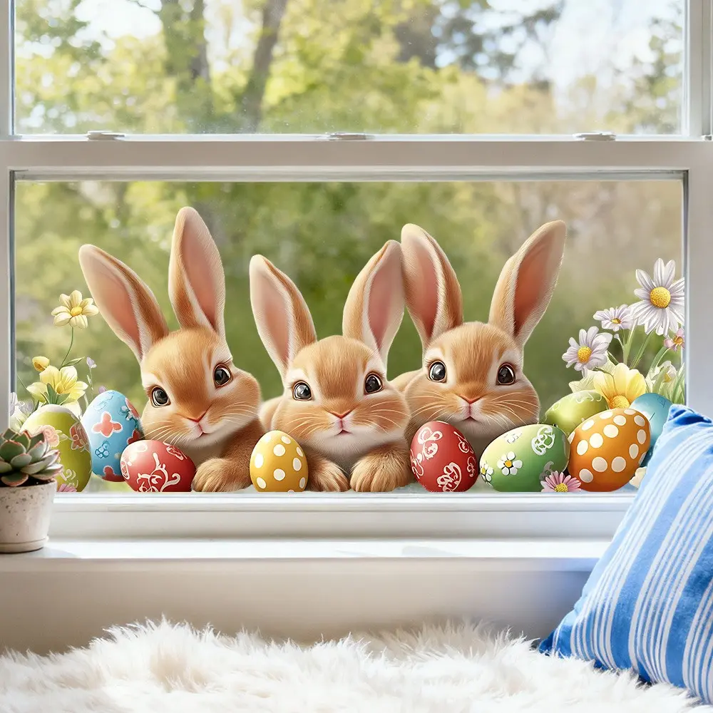 Cute Bunny Easter Glass Sticker Set, Creative Half-Transparent Decorative Decals, Adhesive Stickers, PVC Waterproof Stickers, Waterproof Dual-Sided Adhesive, Perfect for Room Decor