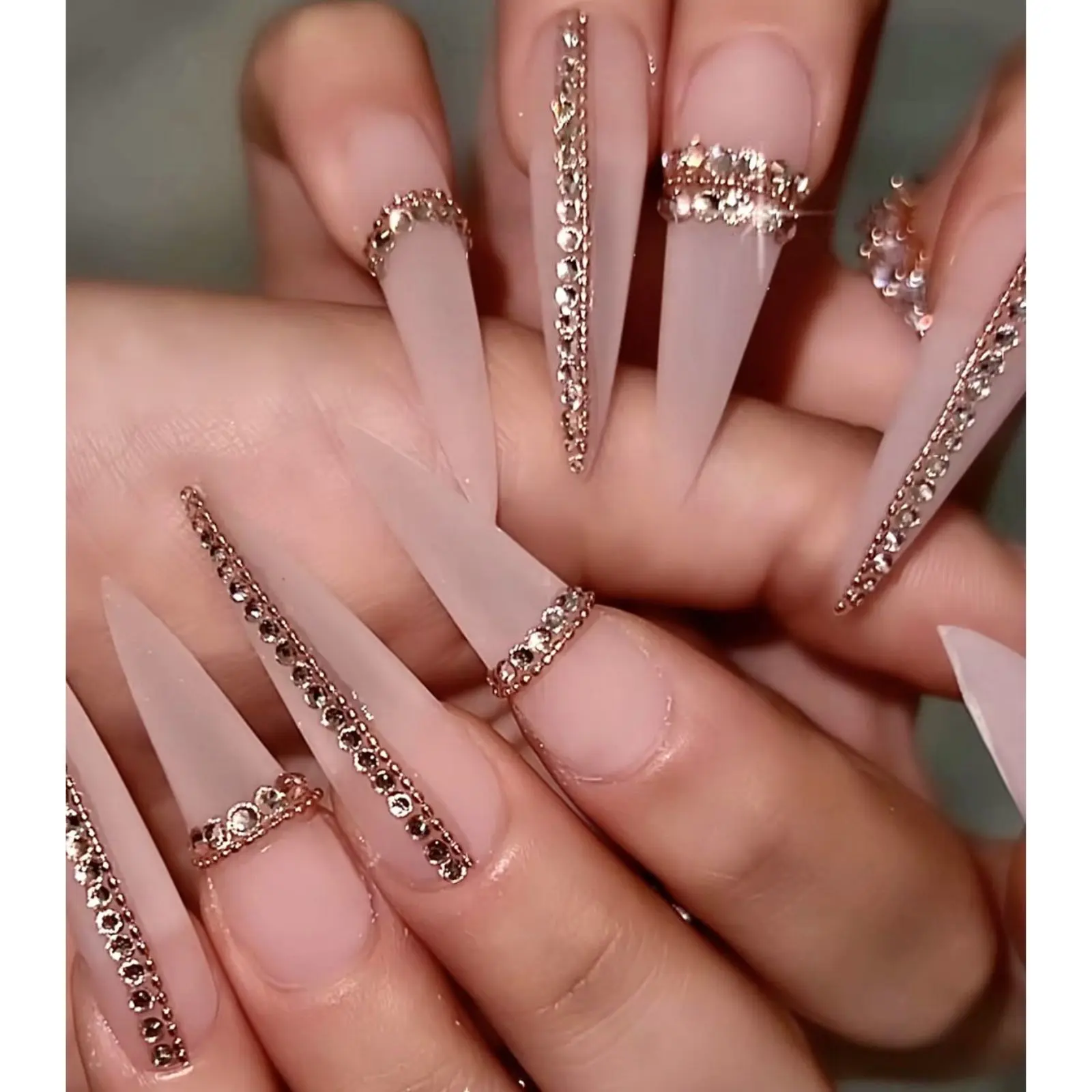 Nude Rhinestone Press On Nails | Rose Gold Crystal Handmade Press Ons | Luxury Long Stiletto Nails | Glam Nail Set