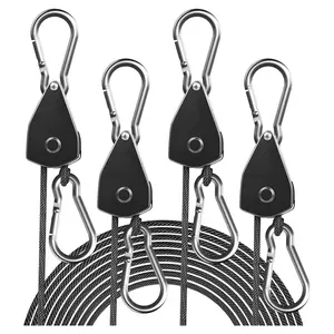 4-Pack 1/8" Adjustable Rope Hanger, Heavy Duty Ratchet Tie Down Strap with Reinforced Metal Gear, Ratcheting Pulley System Kayak Straps for Hanging Plants Grow Light and Various Tie-Down Uses