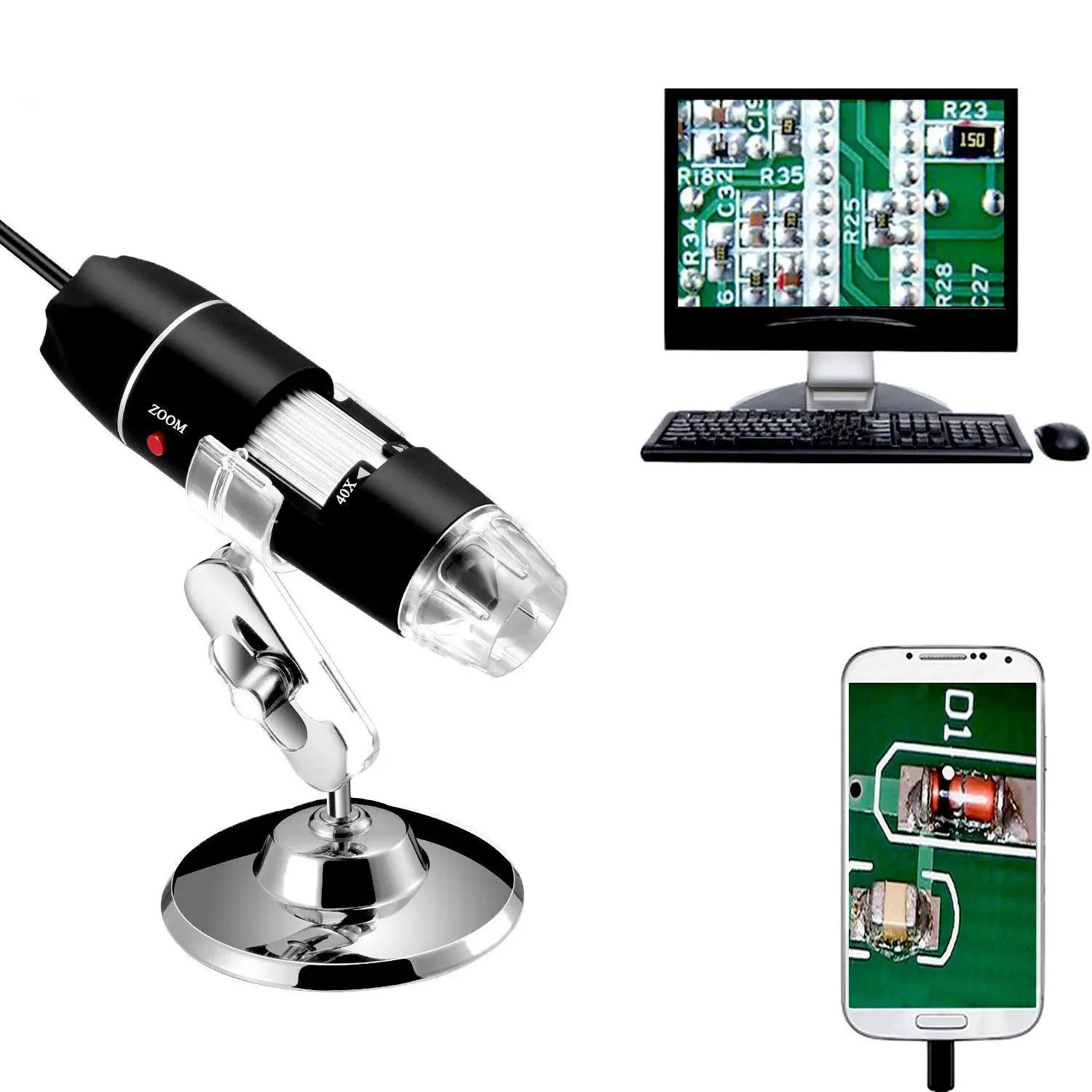 USB 2.0 Digital Microscope - 40-1000x Magnification, 8 LEDs, Mini Camera, OTG Adapter, Metal Stand, Multi-Platform Compatible with Mac, Windows 7/8/10/11, Android, Linux