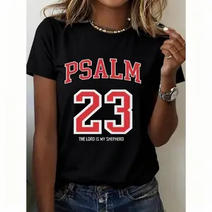 Women's 100% Cotton Casual T-Shirt with Psalm 23 Print Round Neck Short Sleeve All-Season Comfort for Outdoor Activities & Holiday Gifts Geometric Print Tee Fabric Clothes
