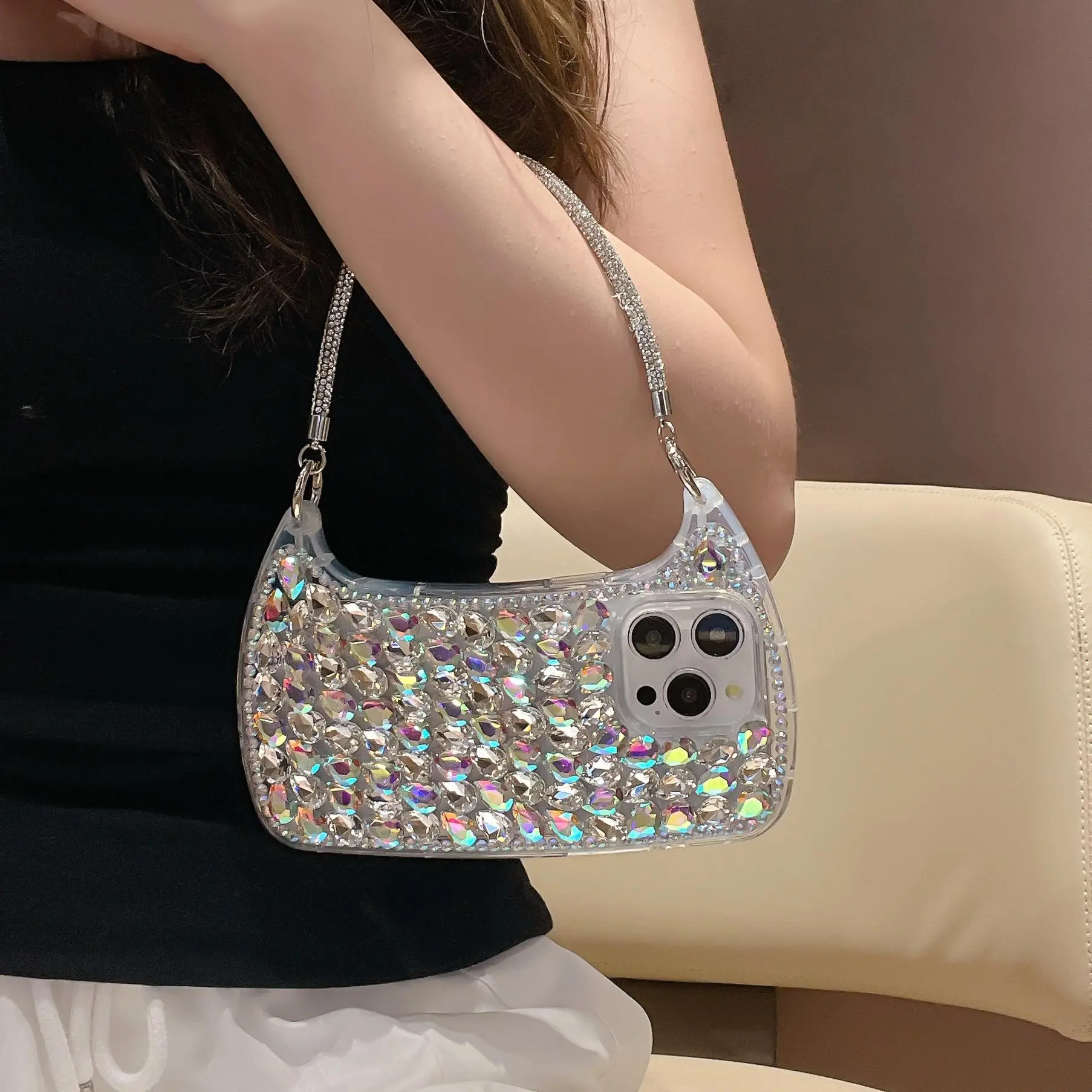 Stylish Aesthetic Glass Rhinestone Phone Case, Mobile Accessory, Smartphone Accessories, Fashion Luxury Bag Design with Bracelet, Fits iPhone 11/12/13/14/15/16 Pro/plus/pro Max Protector Cover