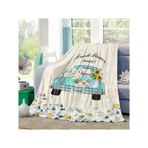 Vintage Blue Green Truck & Daisy Floral Throw Blanket - Soft Warm All-Season Washable Multi-Use Bed, Sofa, Car, Office, Cozy Home Decor, Throw Blanket Bed, Sofa Accessory, Rustic Charm, Soft Texture