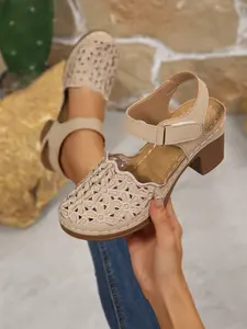 Women's Hollow Out Floral Heeled Sandals, Elegant Minimalist Sandals, Velcro Strap Closed Toe Roman Shoes, Summer Breathable Mid Heel, Casual Beach Footwear