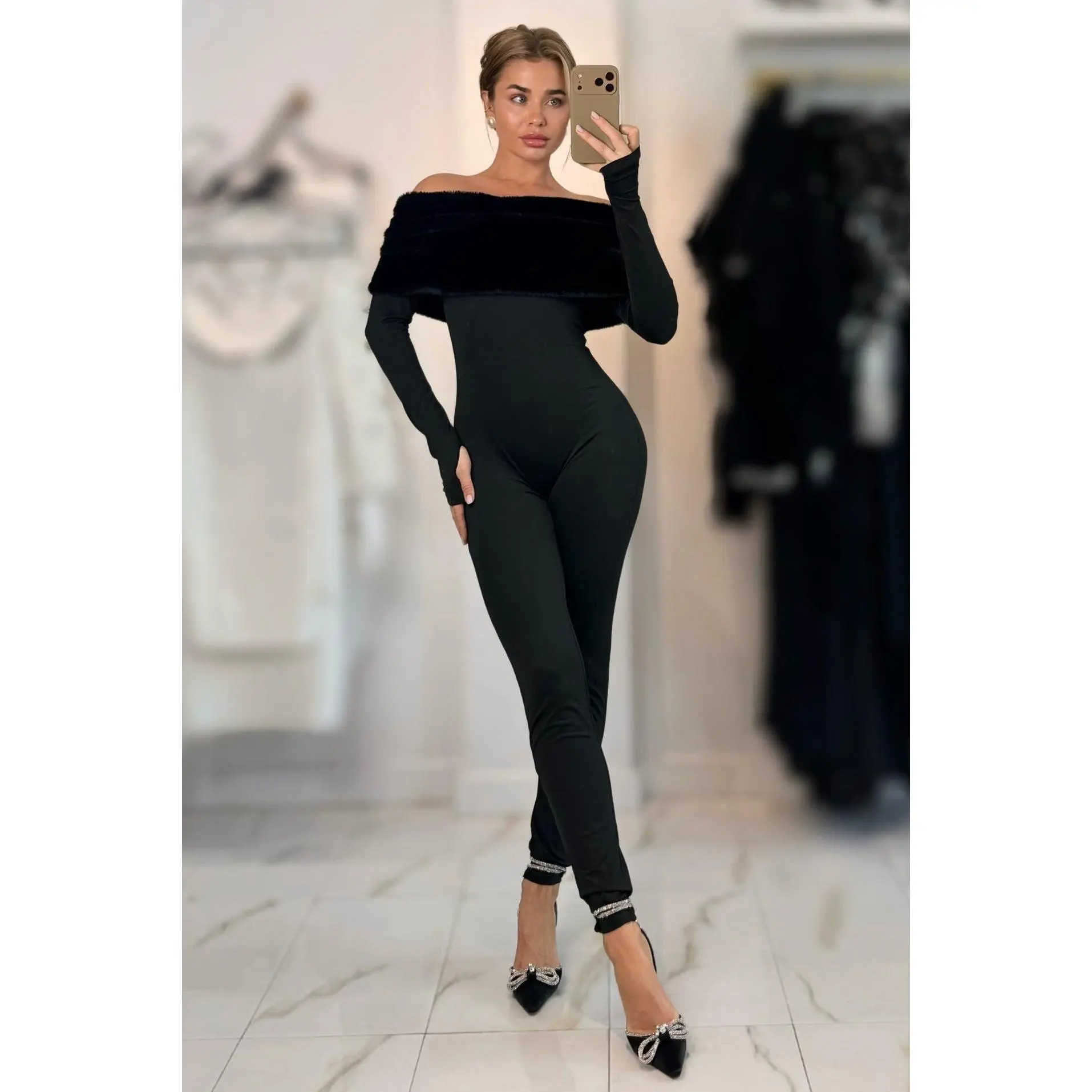Jessica Bara Alegria Fur Off The Shoulder Jumpsuit